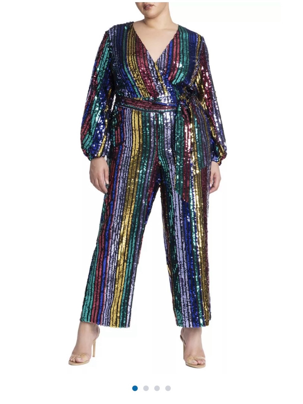 Fully lined and belted shimmering wide leg jumpsuit with rainbow sequins